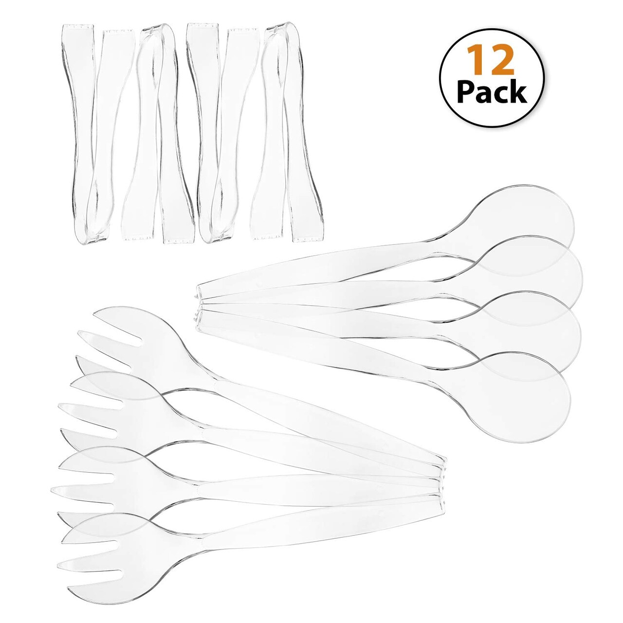 12 Pieces- Heavy Duty Disposable Plastic Serving Utensils, Four 10” Spoons and Forks, Four 6-1/2” Tongs,Clear